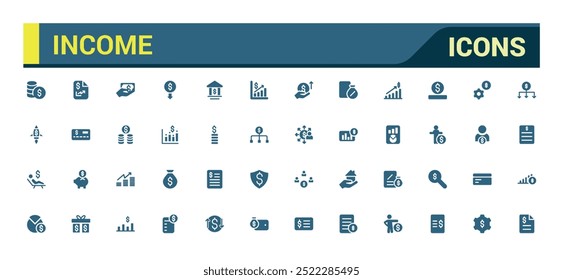 Conjunto de iconos de ingresos. Contiene dinero, impuestos, ganancias, pago, conjunto de iconos sólidos. Glifo para Web y ui. Conjunto de iconos rellenos, Ilustración vectorial.