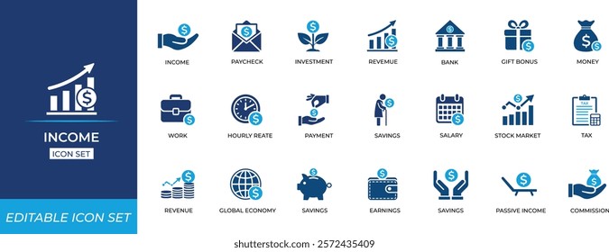 Income Icons Set. earnings, payment, accounting, paycheck and working Solid icon collection. Vector illustration.