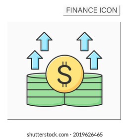 Income increase color icon. Money growth and profit with dollar currency sign and chart arrows. Concept of business success and rising economical trends.Isolated vector illustration