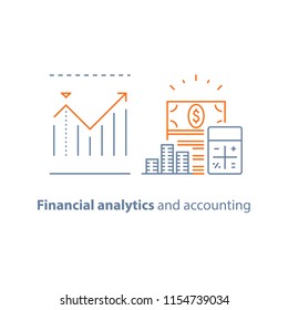 Income Increase, Financial Performance Analytics, Long Term Investment, Fund Management, Revenue Growth, Interest Rate, Dividends Graph, Productivity Report, Stock Market, Vector Line Icon Thin Stroke