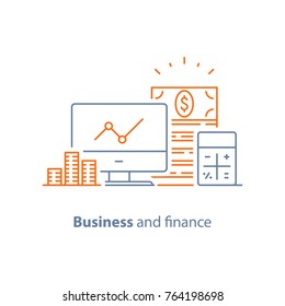 Income increase, financial performance analytics, long term investment, fund management, revenue growth, interest rate, dividends graph, productivity report, stock market, vector line icon thin stroke