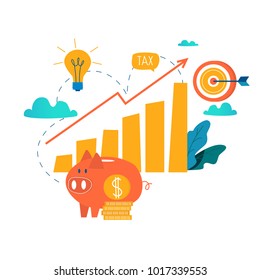 Income increase, financial strategy, high investment return, budget balance, fund raising, long term increment, revenue growth, interest rate, loan installment, credit money flat vector illustration