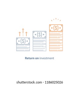 Income increase, financial strategy, high investment return, money bundle, fund raising, long term increment, revenue growth, interest rate, bond dividends, stock market, vector line icon thin stroke