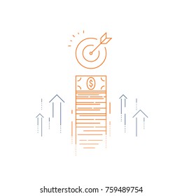 Income increase, financial strategy, high investment return, money bundle, fund raising, long term increment, revenue growth, interest rate, bond dividends, stock market, vector line icon thin stroke