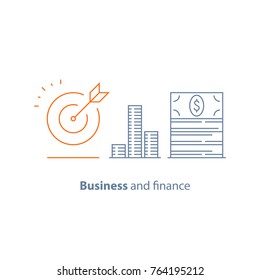 Income Increase, Financial Strategy, High Investment Return, Money Bundle, Fund Raising, Long Term, Pension, Revenue Growth, Interest Rate, Bond Dividends, Stock Market, Vector Line Icon Thin Stroke