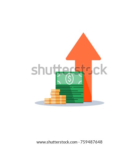 Income increase, financial strategy, high return on investment, budget balance, fund raising, long term increment, revenue growth, interest rate, loan installment, credit money, vector flat icon