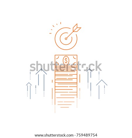 Income increase, financial strategy, high investment return, money bundle, fund raising, long term increment, revenue growth, interest rate, bond dividends, stock market, vector line icon thin stroke