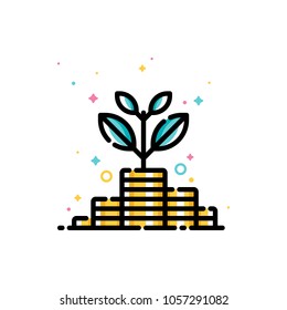 Income increase and make more money concept with plant growing out of gold coins. Flat filled outline style icon. Pixel perfect. Editable stroke. Size 72x72 pixels