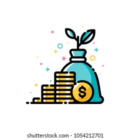 Income Increase, Return On Investment And Mutual Fund Raising Concept With Gold Coins And Plant Growing Out Of Money Bag. Flat Filled Outline Style Icon. Pixel Perfect. Editable Stroke. 72x72