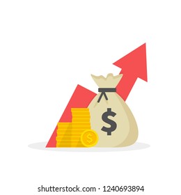 Income increase strategy, Financial high return on investment, fund raising, revenue growth, interest rate, loan installment, credit money, budget balance. Flat design.