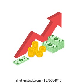 Income increase strategy, isometric Financial high return on investment, fund raising, revenue growth, interest rate, loan installment, credit money, budget balance. Vector illustration on background.