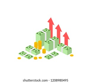 Income increase strategy, isometric Financial high return on investment, fund raising, revenue growth, interest rate, loan installment, credit money, budget balance. Vector illustration on background.