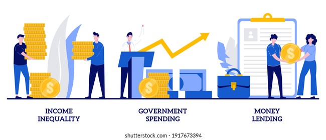 Income inequality, government spending, money lending concept with tiny people. Money distribution abstract vector illustration set. Salary gap, country budget, bank credit, individual loan metaphor.