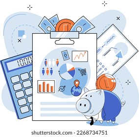 Income information in financial report with charts, business profitability indicator, entrepreneurial activity and accounting. Registration of claim form document, providing personal information