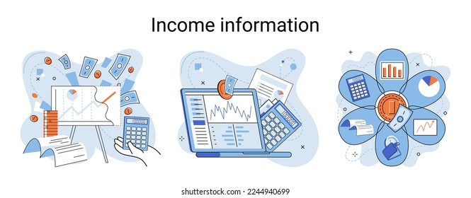 Income information vector set, business profitability indicator, entrepreneurial activity and accounting. Registration of claim form document, providing personal information, financial report for tax