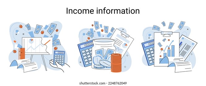 Income information vector set, business profitability indicator, entrepreneurial activity and accounting. Registration of claim form document, providing personal information, financial report for tax