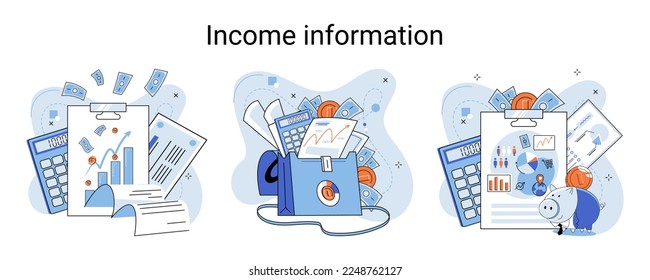 Income information vector set, business profitability indicator, entrepreneurial activity and accounting. Registration of claim form document, providing personal information, financial report for tax