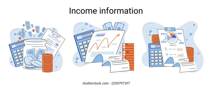 Income information vector set, business profitability indicator, entrepreneurial activity and accounting. Registration of claim form document, providing personal information, financial report for tax