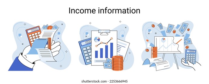 Conjunto de vectores de información sobre ingresos, indicador de rentabilidad empresarial, actividad empresarial y contabilidad. Registro del documento de solicitud de reembolso, información personal, informe financiero para impuestos