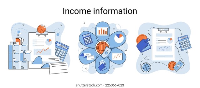 Conjunto de vectores de información sobre ingresos, indicador de rentabilidad empresarial, actividad empresarial y contabilidad. Registro del documento de solicitud de reembolso, información personal, informe financiero para impuestos