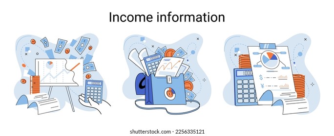 Income information vector set, business profitability indicator, entrepreneurial activity and accounting. Registration of claim form document, providing personal information, financial report for tax