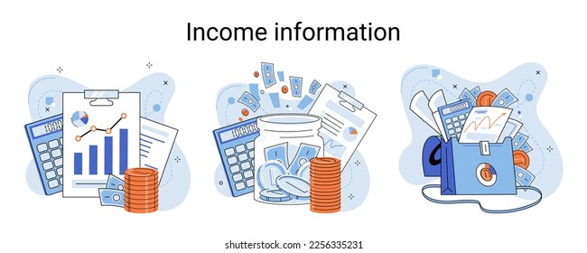 Income information vector set, business profitability indicator, entrepreneurial activity and accounting. Registration of claim form document, providing personal information, financial report for tax