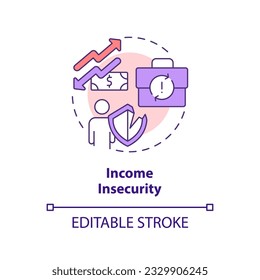 Income insecurity concept icon. Delayed payment. Economic crisis. Freelance work. Self employed. Financial risk abstract idea thin line illustration. Isolated outline drawing. Editable stroke