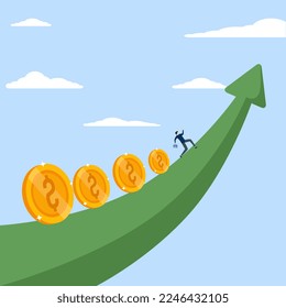 Income and investment concept, fund manager holding flag leading coin money running up chart, stock market growth or flow of funds depending on interest rate and inflation concept, businessman investo