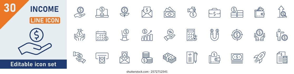Income line icon set. Set of 30 outline icons related to passive income, paycheck, accounting, payment, pension, tax, bonus and others. Editable stroke. Vector illustration.