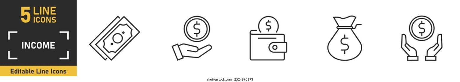 Income line icon set. Set of 5 outline icons related to income, money, earnings, payment, accounting, paycheck and more. Vector illustration.