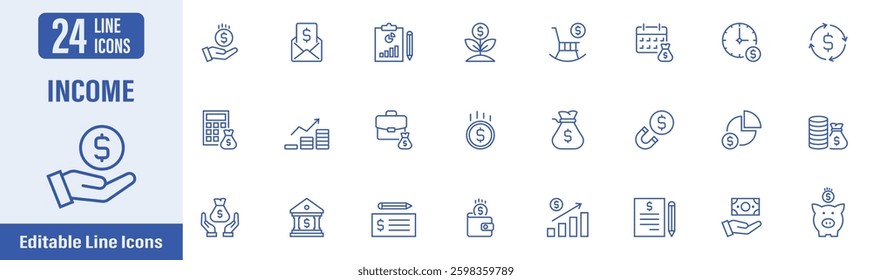 Income line icon set. Contains icons as income, money, paycheck, pension, accounting, salary, profit, tax and more. Vector illustration.