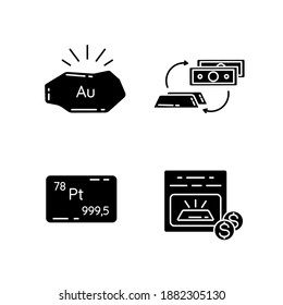 Income From Metal Trade Black Glyph Icons Set On White Space. Golden Nugget. Platinum Bullion. Unallocated Bank Account. Business Investment. Silhouette Symbols. Vector Isolated Illustration