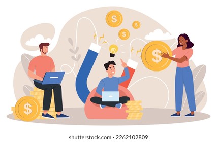 Income and money attraction. Man and woman with gold coins and magnet. Teamwork and brainstorming, idea and insight, start up. Entrepreneurs and passive income. Cartoon flat vector illustration