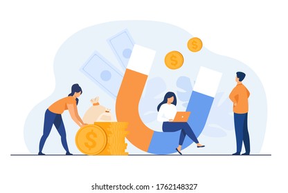 Income and money attraction. People with magnet getting cash. Vector illustration for fast loan, income, investment, profit, finance, success concept