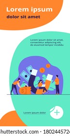 Income and money attraction. People with magnet getting cash. Vector illustration for fast loan, income, investment, profit, finance, success concept