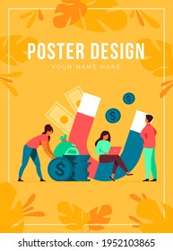 Income and money attraction. People with magnet getting cash. Vector illustration for fast loan, income, investment, profit, finance, success concept