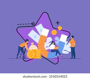 Income and money attraction. People with magnet getting cash. Vector illustration for fast loan, income, investment, profit, finance, success concept