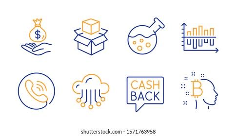 Income money, Diagram chart and Chemistry lab line icons set. Cloud storage, Packing boxes and Call center signs. Money transfer, Bitcoin think symbols. Savings, Presentation graph. Vector