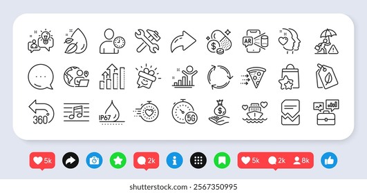 Income money, Recycling and Business portfolio line icons pack. Social media: share, comment, like icons. Honeymoon cruise, Risk management, Water drop web icon. Vector