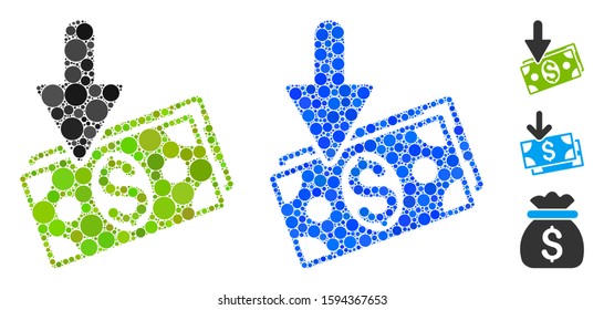 Income mosaic of round dots in variable sizes and shades, based on income icon. Vector round elements are composed into blue mosaic. Dotted income icon in usual and blue versions.