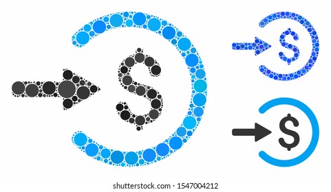 Income mosaic of small circles in various sizes and color tinges, based on income icon. Vector filled circles are grouped into blue mosaic. Dotted income icon in usual and blue versions.