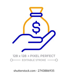 Income pixel perfect two color line icon. Hand holding sack of money. Receiving wage. Financial management bicolor outline symbol. Duotone linear pictogram. Isolated illustration. Editable stroke