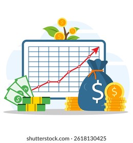 Income and profit growth concept. Investment raising value with arrow up on statistic graph in screen. Financial performance, statistic report, boost business productivity. 