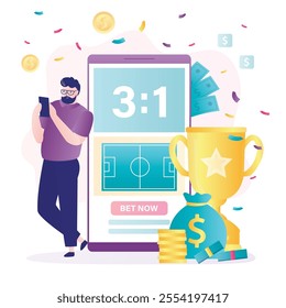 Income, profitable gambling, golden trophy. Betting platform in smartphone app. Online gambling, casino. Mobile application for sport betting. Male player doing game bets. flat vector illustration