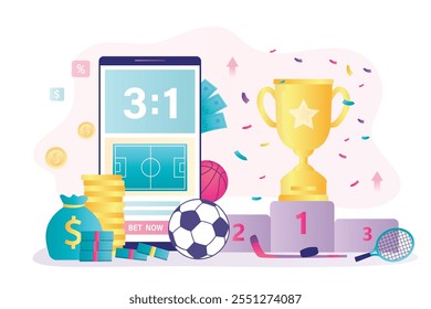 Ingresos, juego rentable, trofeo en el podio. Plataforma de apuestas en App de smartphone. Juegos de azar en línea. Aplicación para apuestas deportivas. Apuestas de fútbol, hockey o tenis. Ilustración vectorial plana