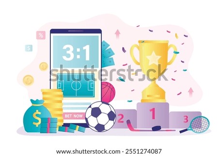 Income, profitable gambling, trophy on podium. Betting platform in smartphone app. Online gambling. Application for sport betting. Soccer, hockey or tennis game bets. flat vector illustration