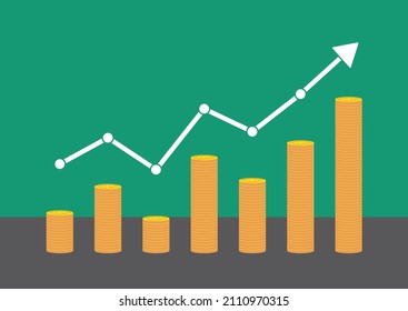 Income, profits. Stacks of gold coins with up arrow. Graph of growth. Up arrow. Graph of changes. Golden money. Token, chip. Isolated vector stock illustration eps 10 on white background 