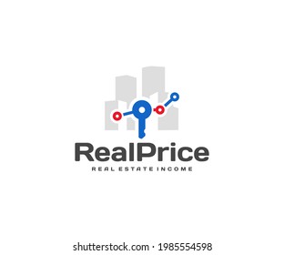 Income property investment logo design. Real estate agent vector design. Growth chart with key and skyscrapers logotype 