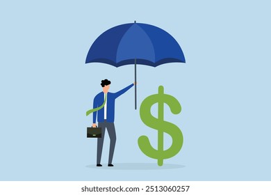 Income protection insurance, The businessman with a large umbrella exuding confidence, covered in dollar signs.