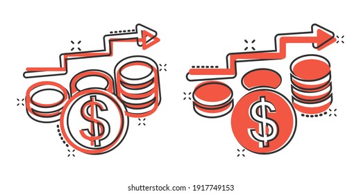 Income rate increase icon in comic style. Finance performance cartoon vector illustration on white isolated background. Coin with growth arrow splash effect business concept.